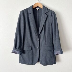J. Jill Navy Gray Wool Blend Stretch Two Button Long Blazer Jacket Size Medium